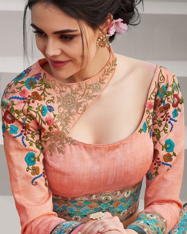 Modern Blouse With Unique Neckline And Heavy Embroidery